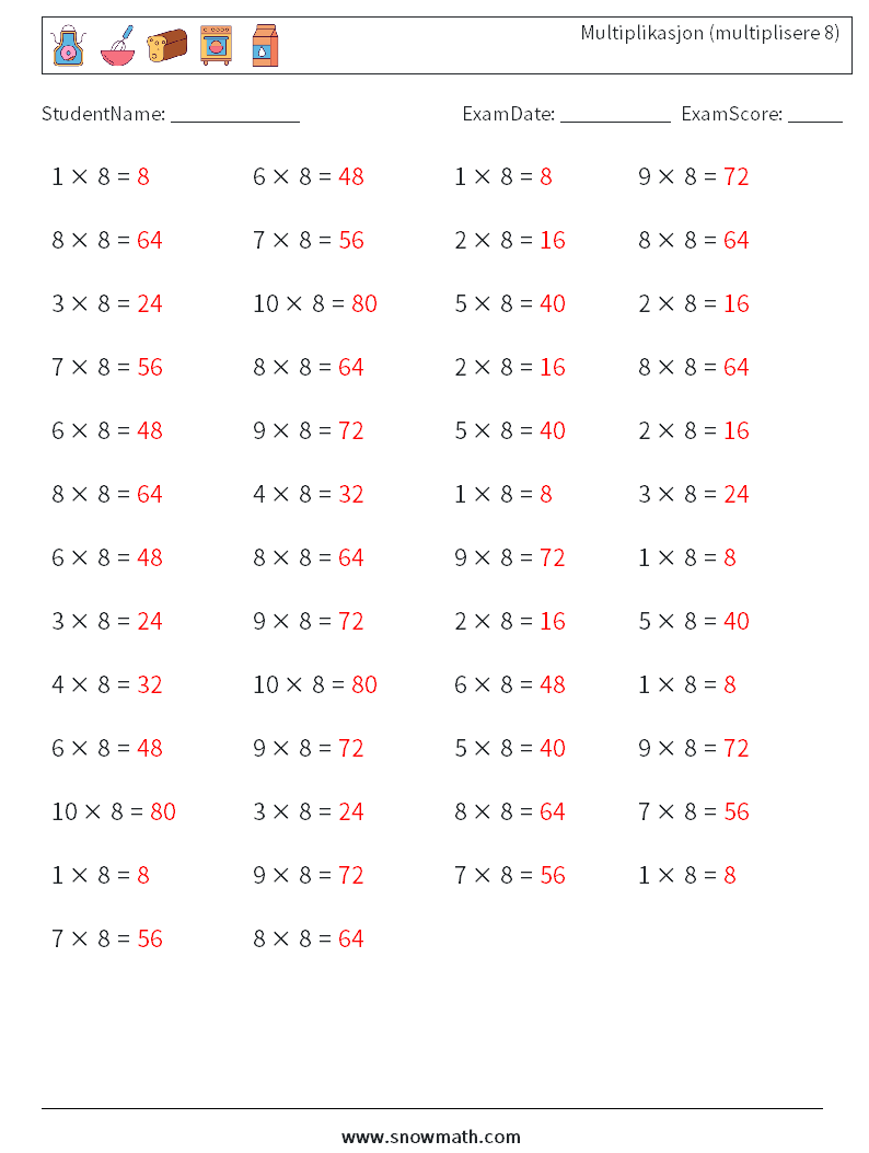 (50) Multiplikasjon (multiplisere 8) MathWorksheets 2 QuestionAnswer