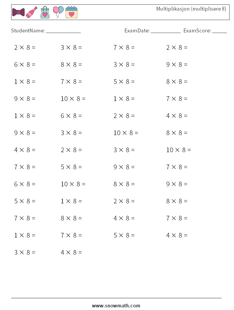 (50) Multiplikasjon (multiplisere 8) MathWorksheets 3