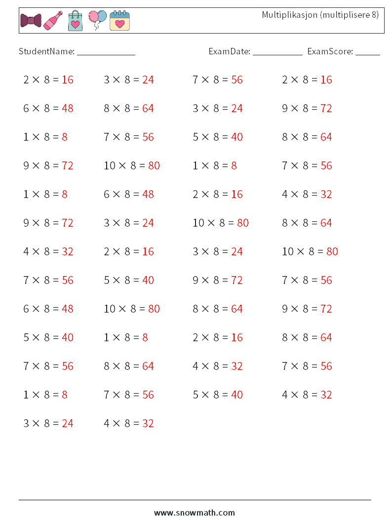(50) Multiplikasjon (multiplisere 8) MathWorksheets 3 QuestionAnswer