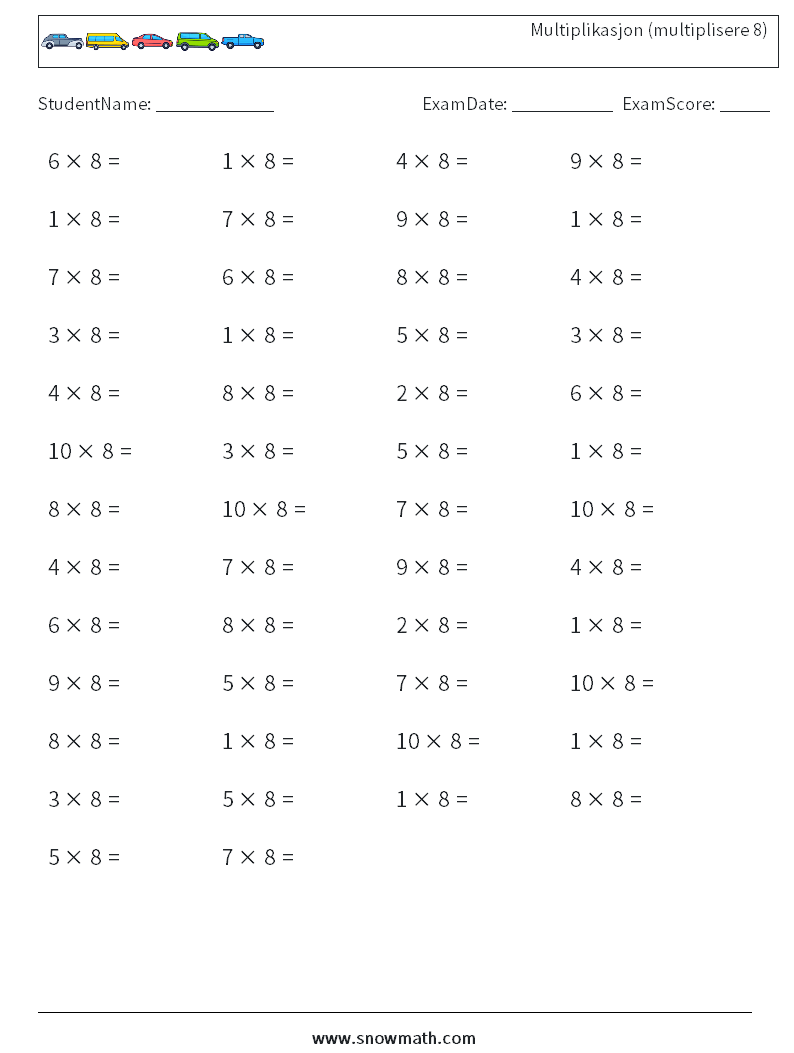 (50) Multiplikasjon (multiplisere 8) MathWorksheets 5