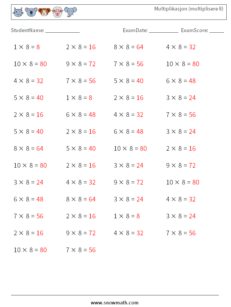 (50) Multiplikasjon (multiplisere 8) MathWorksheets 6 QuestionAnswer