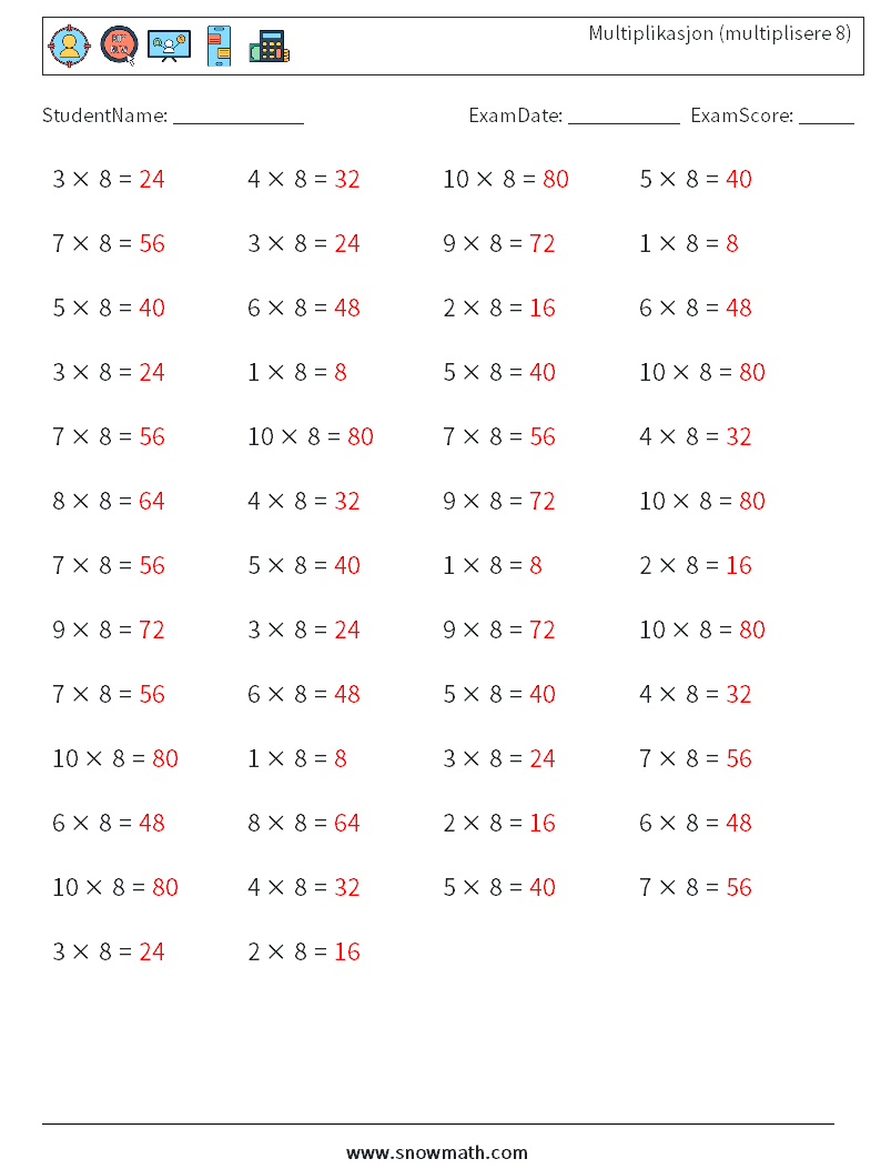 (50) Multiplikasjon (multiplisere 8) MathWorksheets 7 QuestionAnswer