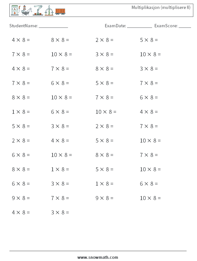 (50) Multiplikasjon (multiplisere 8) MathWorksheets 8