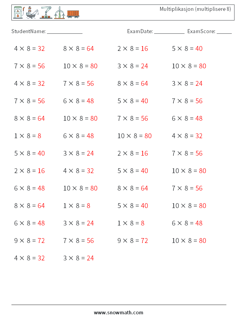 (50) Multiplikasjon (multiplisere 8) MathWorksheets 8 QuestionAnswer