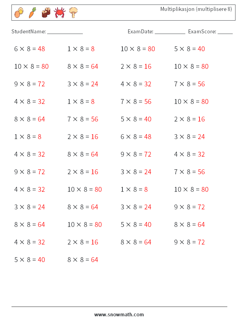 (50) Multiplikasjon (multiplisere 8) MathWorksheets 9 QuestionAnswer