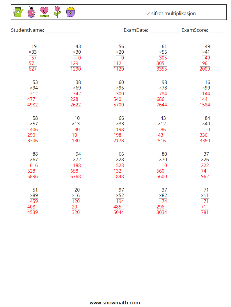 (25) 2-sifret multiplikasjon MathWorksheets 10 QuestionAnswer