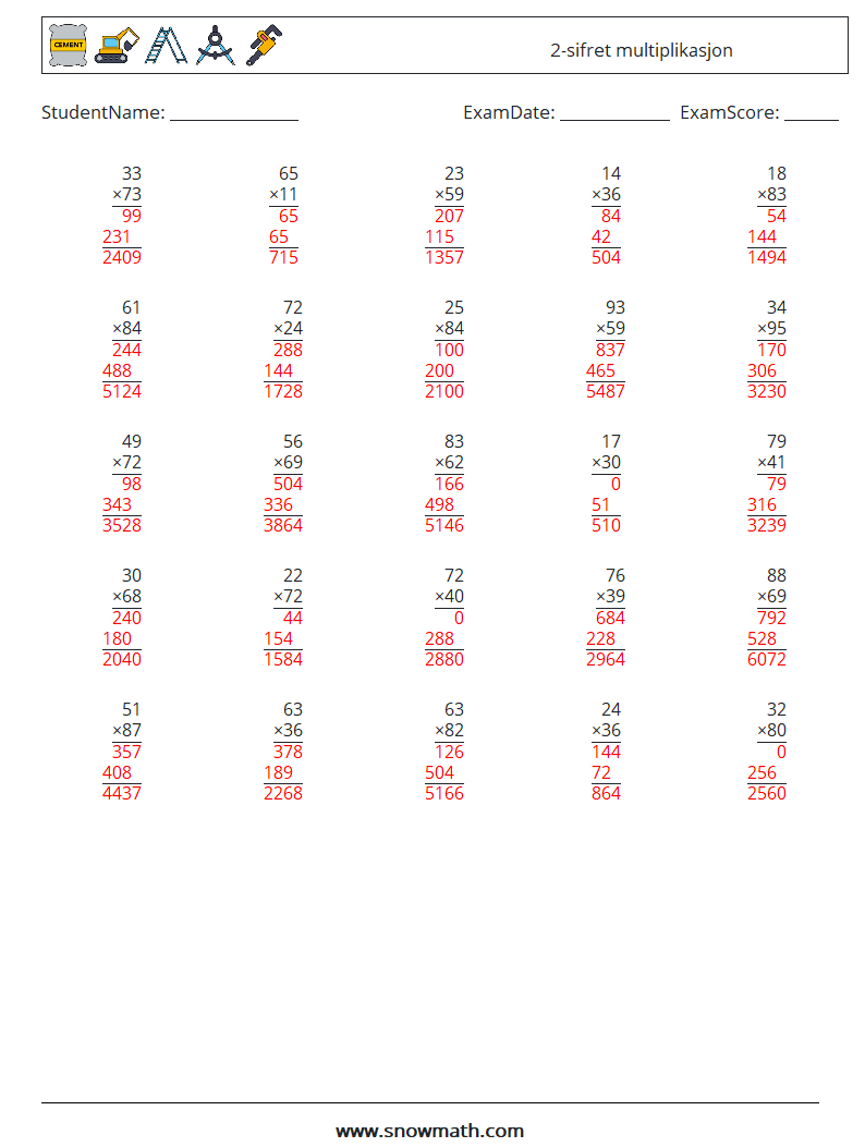 (25) 2-sifret multiplikasjon MathWorksheets 18 QuestionAnswer