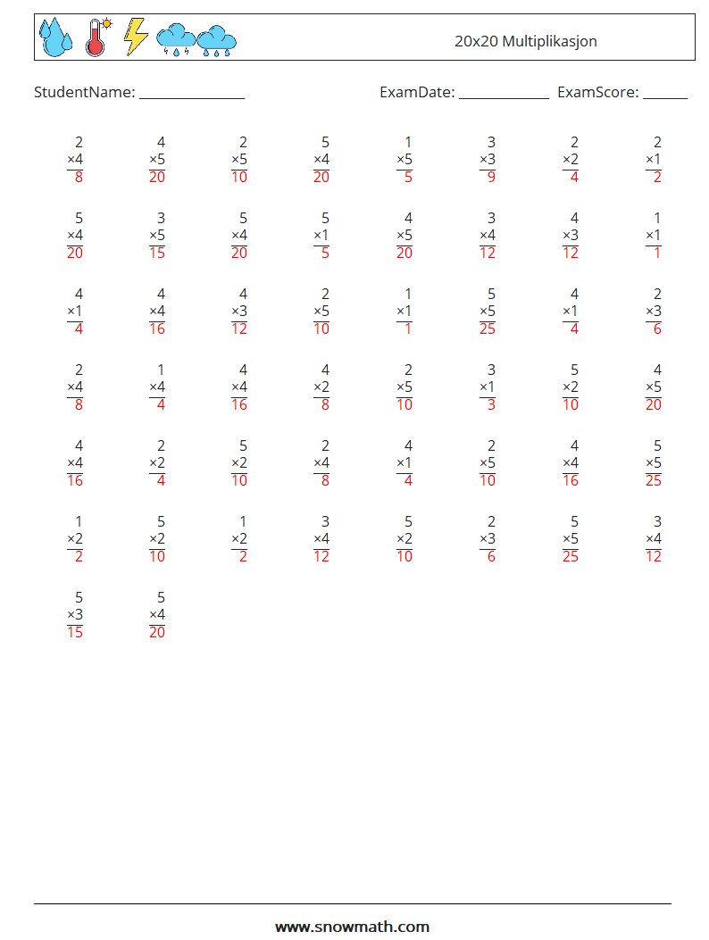 (50) 20x20 Multiplikasjon MathWorksheets 10 QuestionAnswer