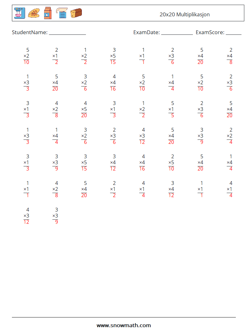 (50) 20x20 Multiplikasjon MathWorksheets 12 QuestionAnswer