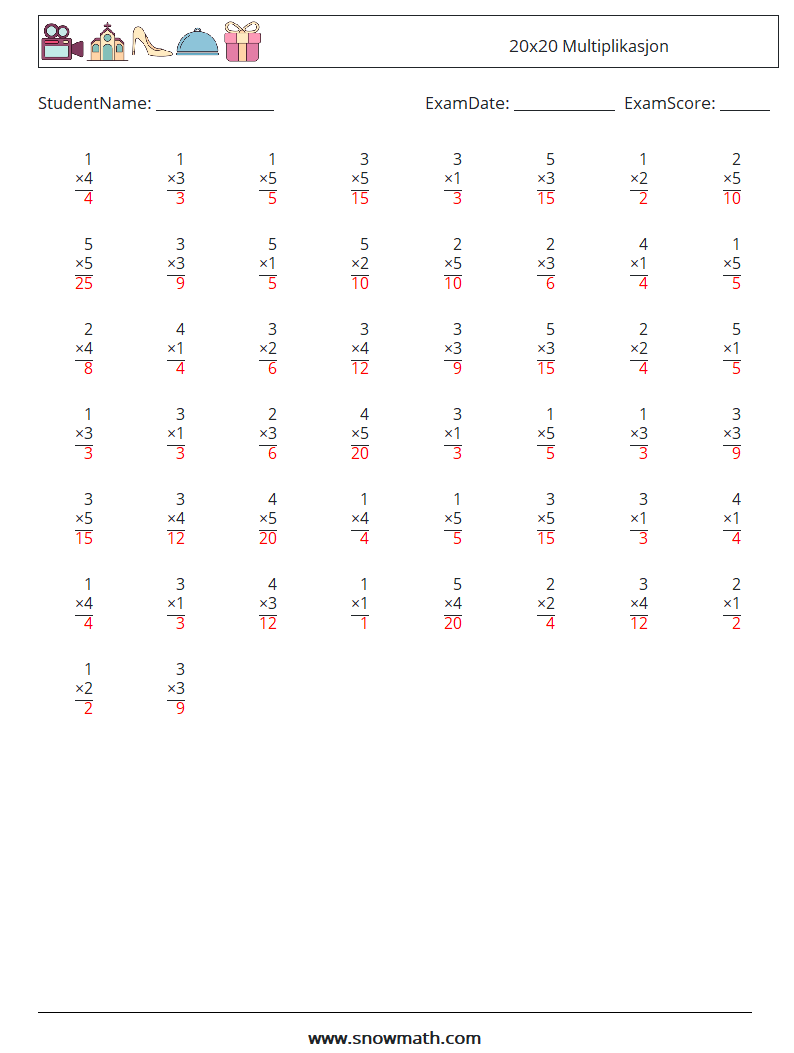 (50) 20x20 Multiplikasjon MathWorksheets 14 QuestionAnswer