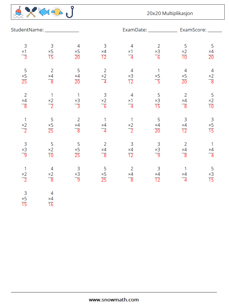 (50) 20x20 Multiplikasjon MathWorksheets 18 QuestionAnswer