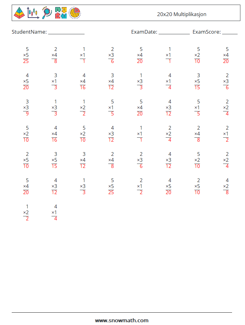 (50) 20x20 Multiplikasjon MathWorksheets 6 QuestionAnswer