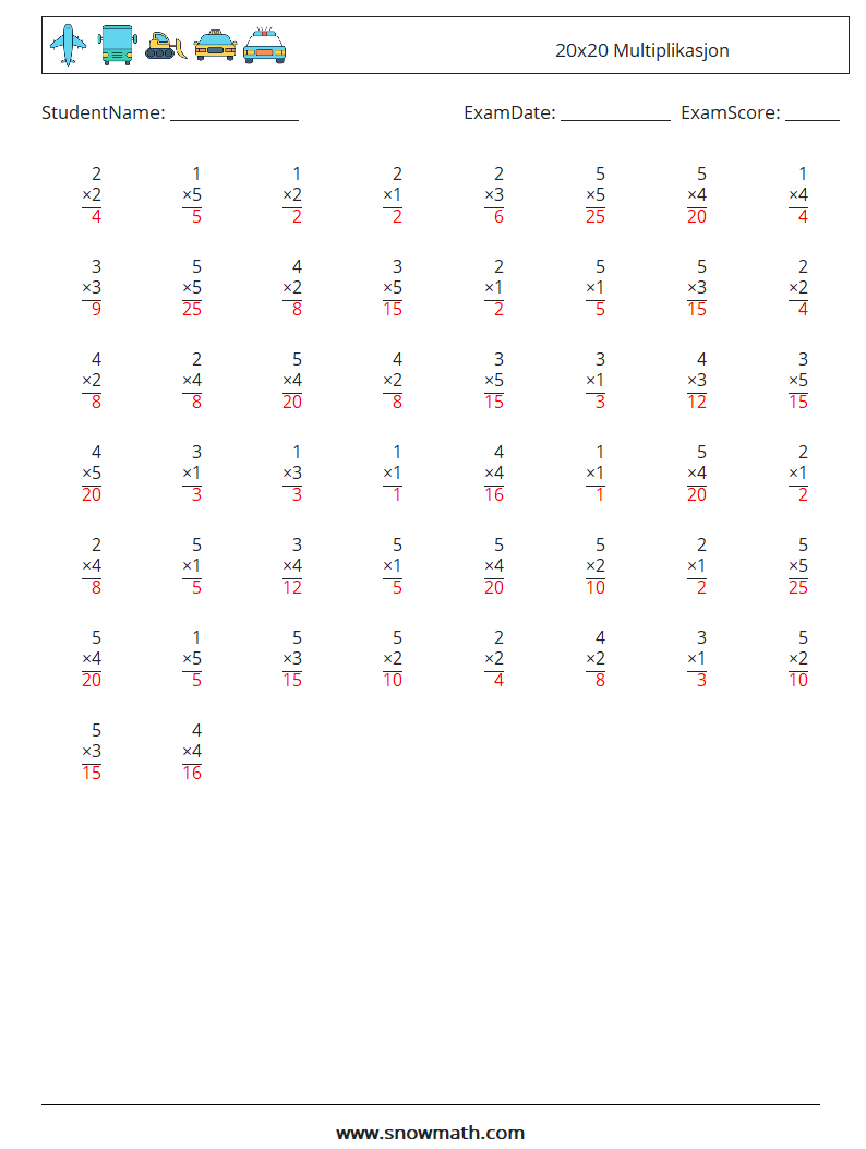 (50) 20x20 Multiplikasjon MathWorksheets 7 QuestionAnswer
