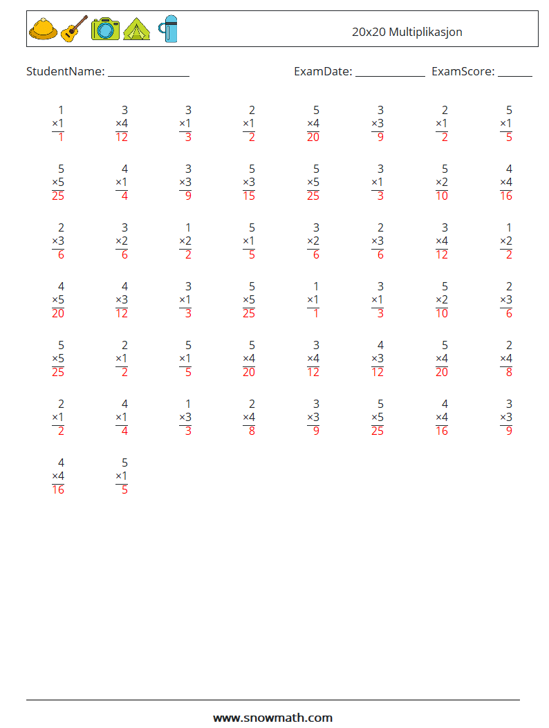 (50) 20x20 Multiplikasjon MathWorksheets 8 QuestionAnswer