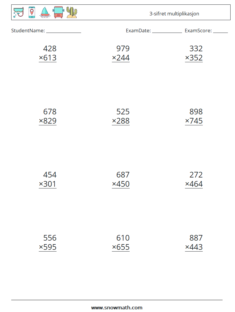 (12) 3-sifret multiplikasjon MathWorksheets 10
