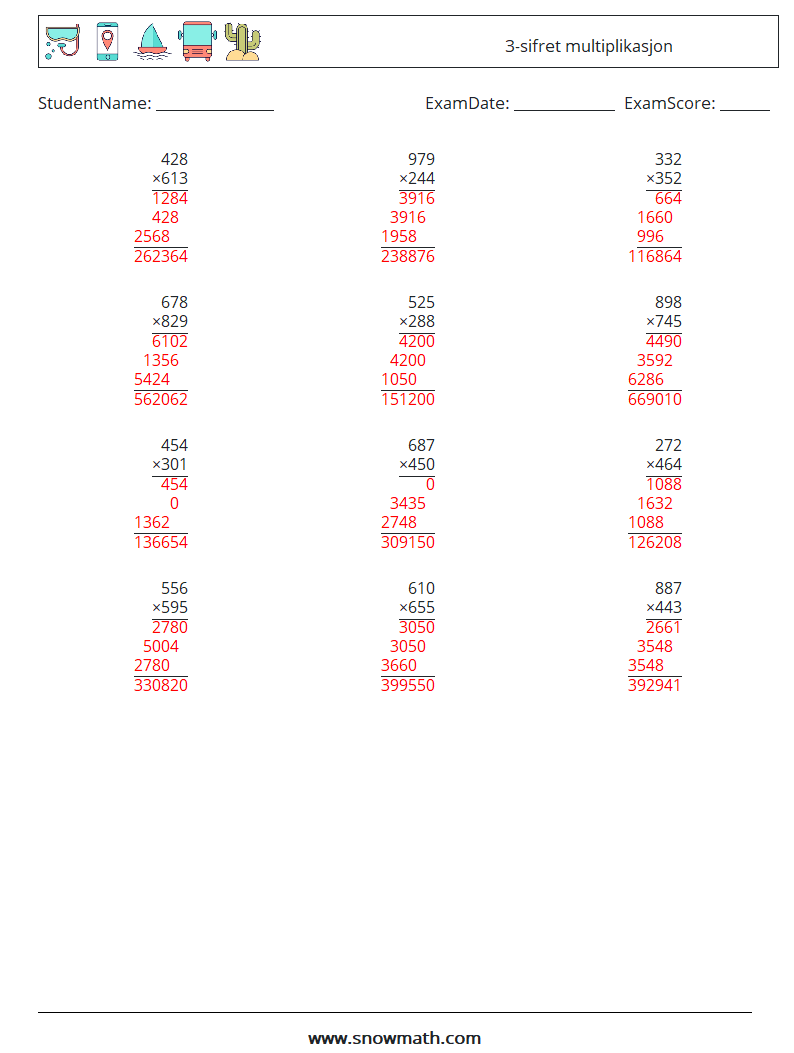 (12) 3-sifret multiplikasjon MathWorksheets 10 QuestionAnswer