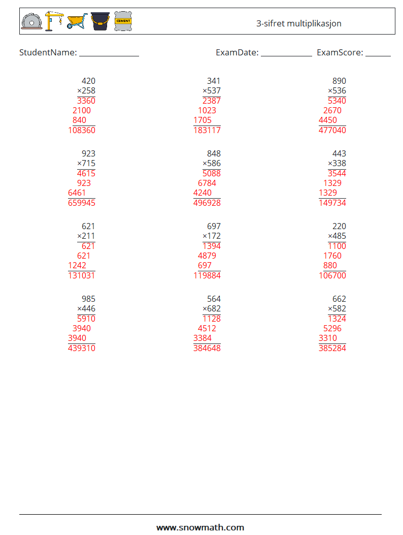 (12) 3-sifret multiplikasjon MathWorksheets 11 QuestionAnswer