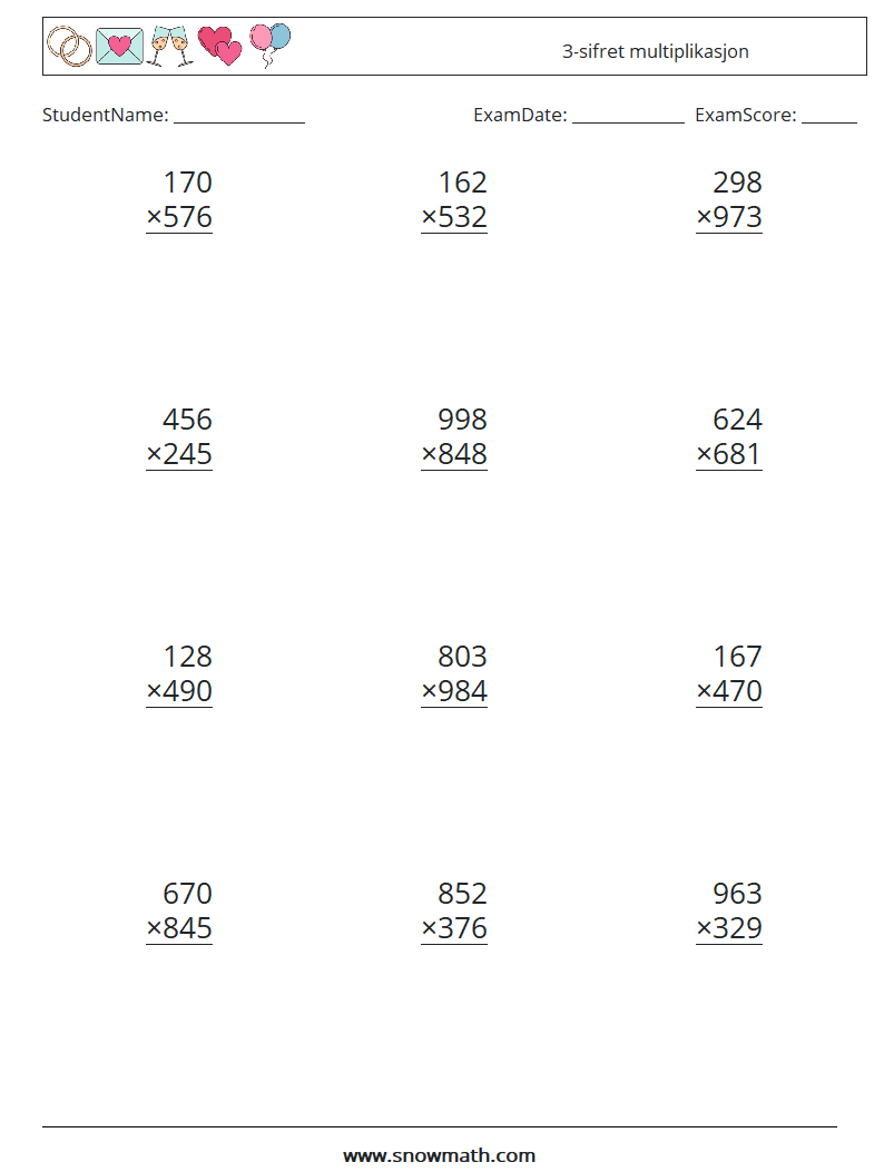 (12) 3-sifret multiplikasjon MathWorksheets 13