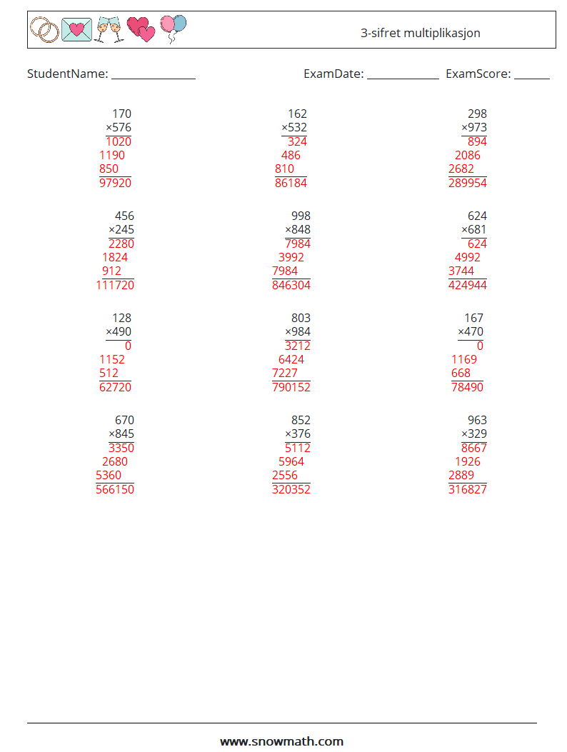 (12) 3-sifret multiplikasjon MathWorksheets 13 QuestionAnswer