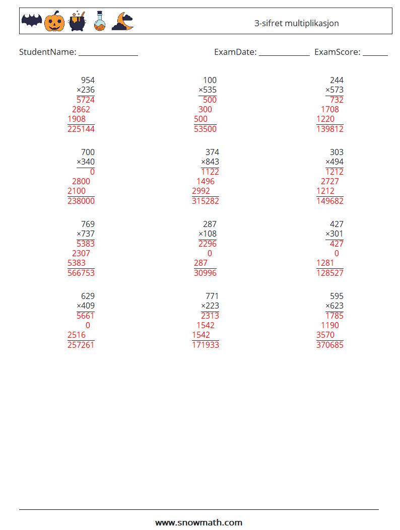(12) 3-sifret multiplikasjon MathWorksheets 14 QuestionAnswer