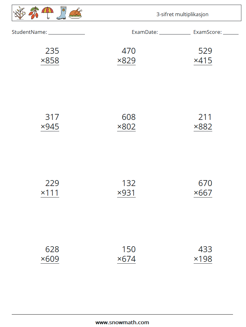 (12) 3-sifret multiplikasjon MathWorksheets 15