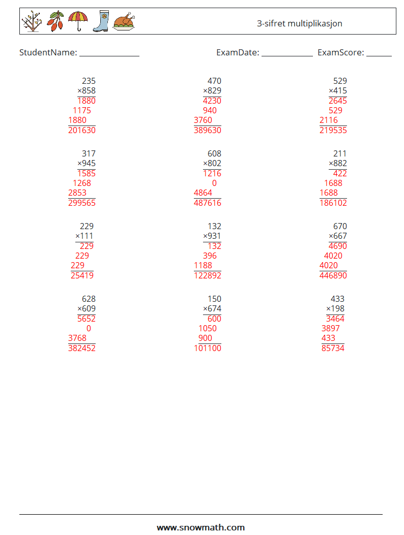 (12) 3-sifret multiplikasjon MathWorksheets 15 QuestionAnswer