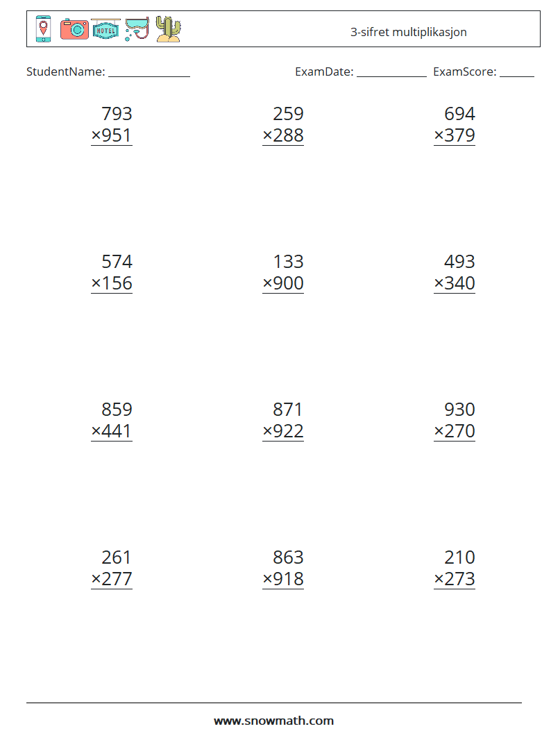 (12) 3-sifret multiplikasjon MathWorksheets 16