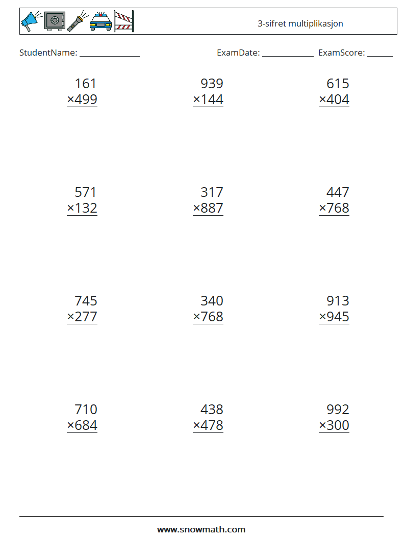 (12) 3-sifret multiplikasjon MathWorksheets 17