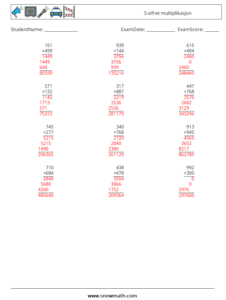 (12) 3-sifret multiplikasjon MathWorksheets 17 QuestionAnswer