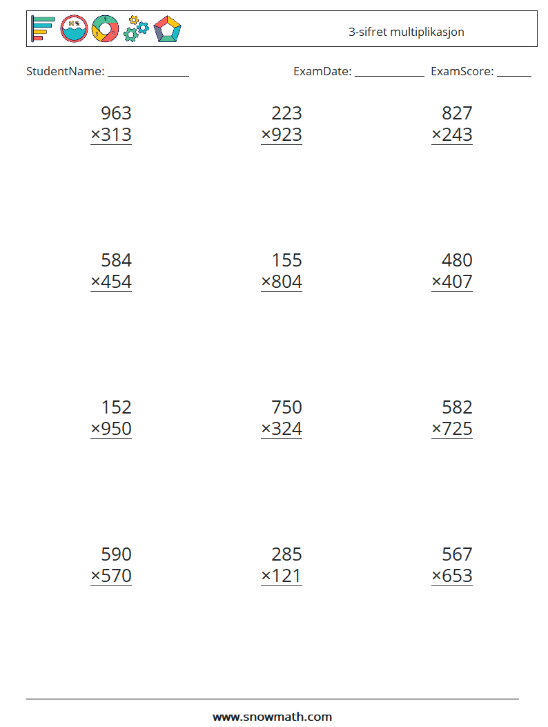 (12) 3-sifret multiplikasjon MathWorksheets 18