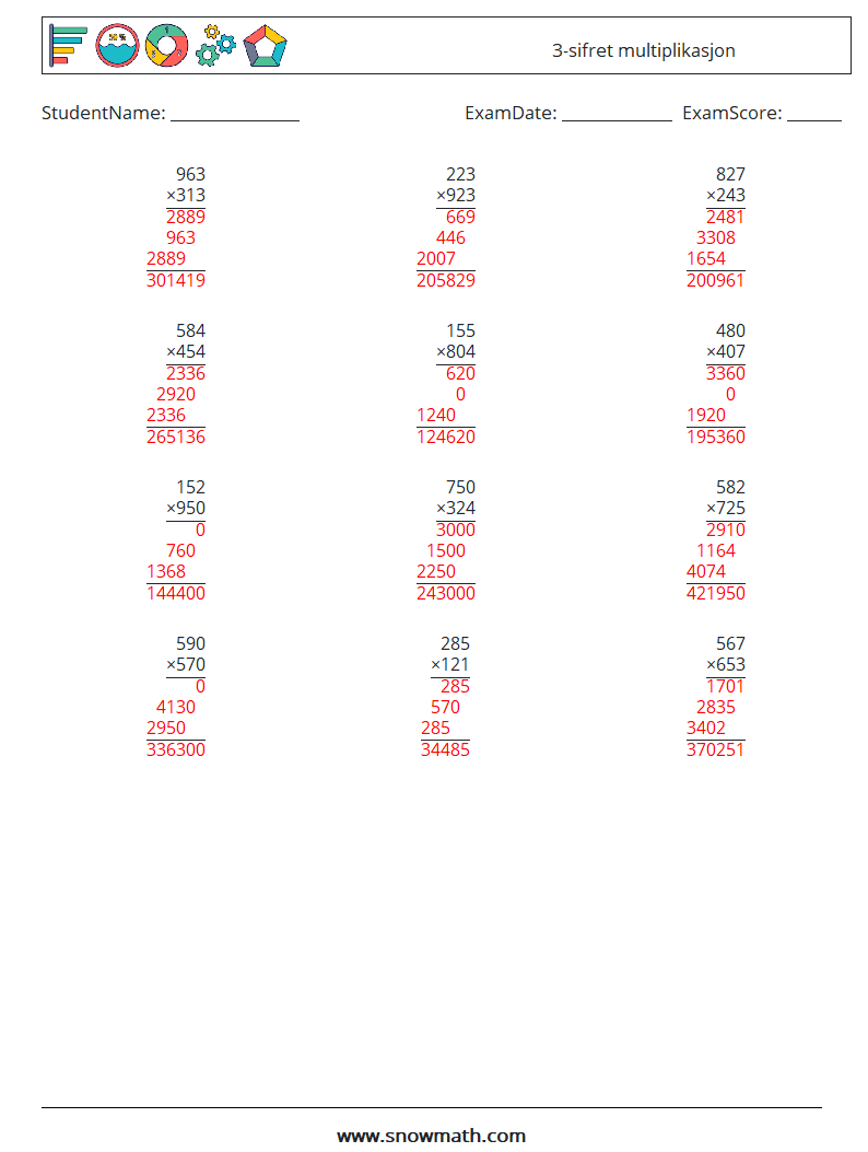 (12) 3-sifret multiplikasjon MathWorksheets 18 QuestionAnswer
