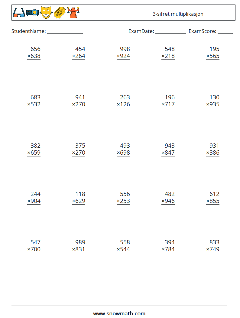 (25) 3-sifret multiplikasjon MathWorksheets 10