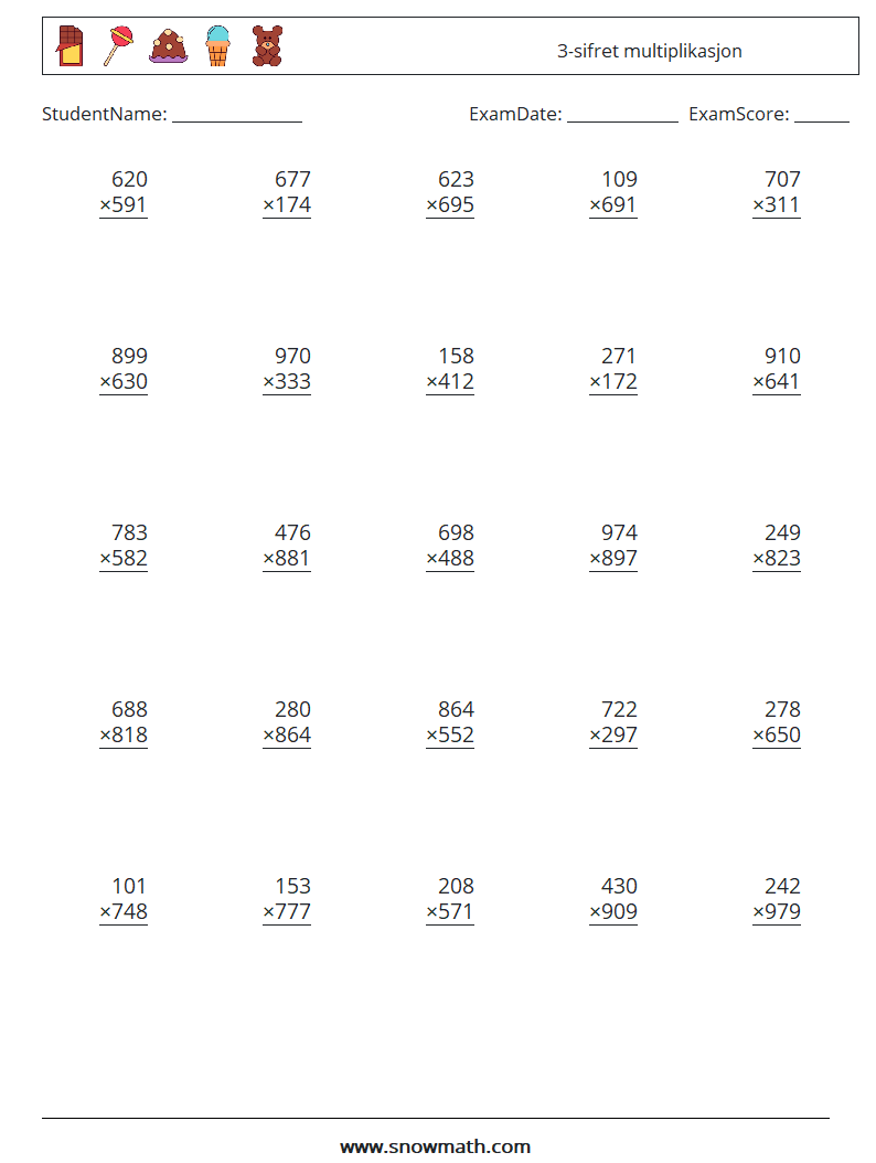 (25) 3-sifret multiplikasjon MathWorksheets 11