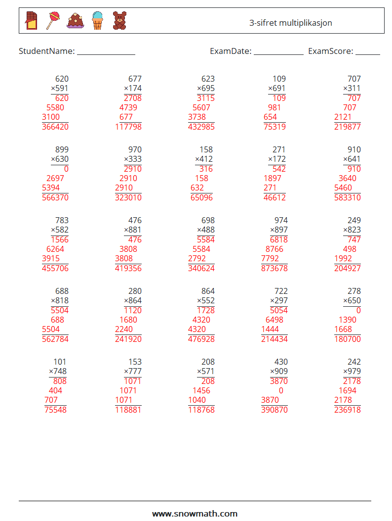 (25) 3-sifret multiplikasjon MathWorksheets 11 QuestionAnswer