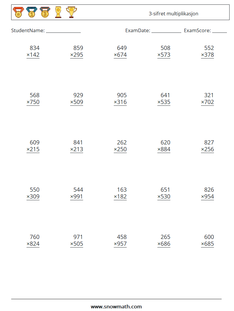 (25) 3-sifret multiplikasjon MathWorksheets 12
