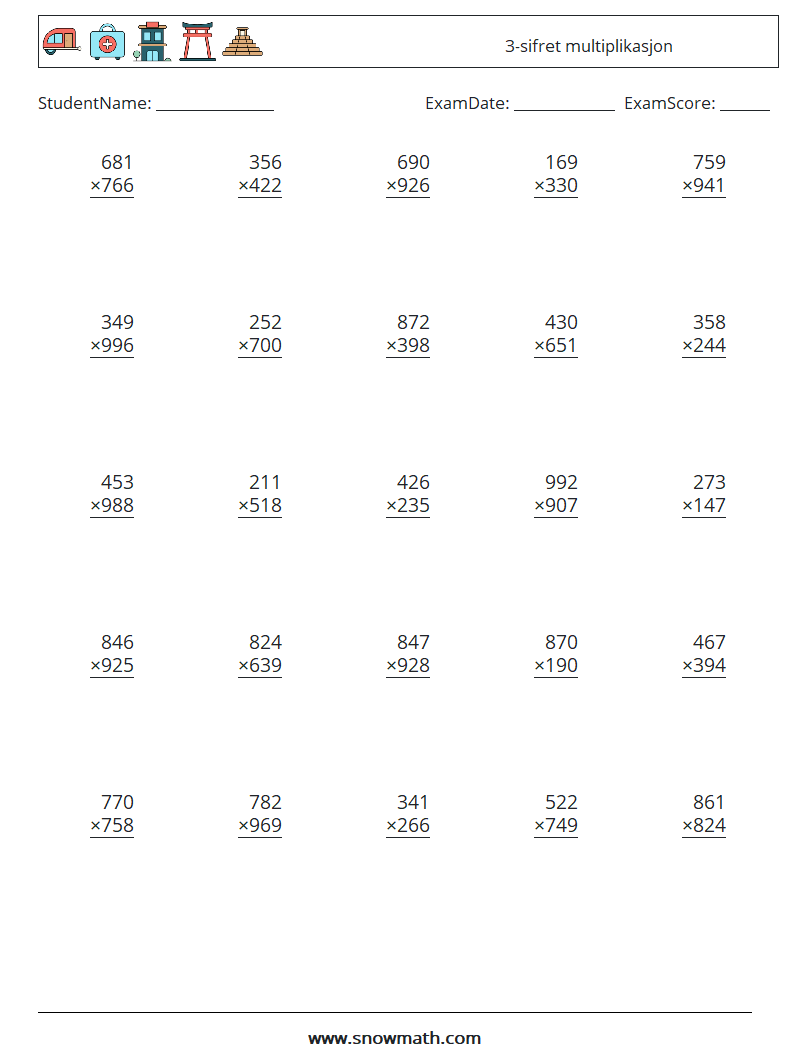 (25) 3-sifret multiplikasjon MathWorksheets 13