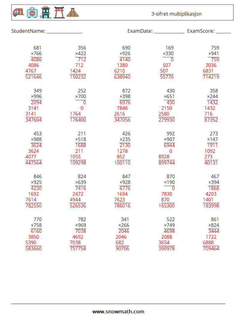 (25) 3-sifret multiplikasjon MathWorksheets 13 QuestionAnswer