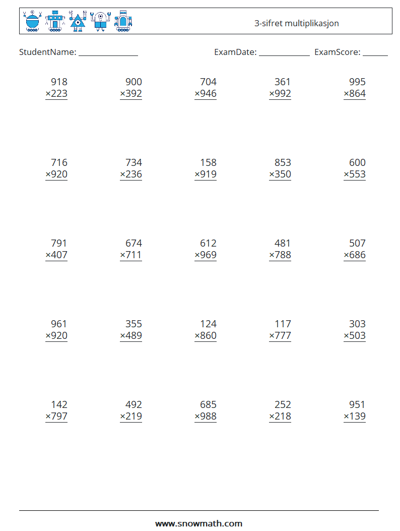 (25) 3-sifret multiplikasjon MathWorksheets 14