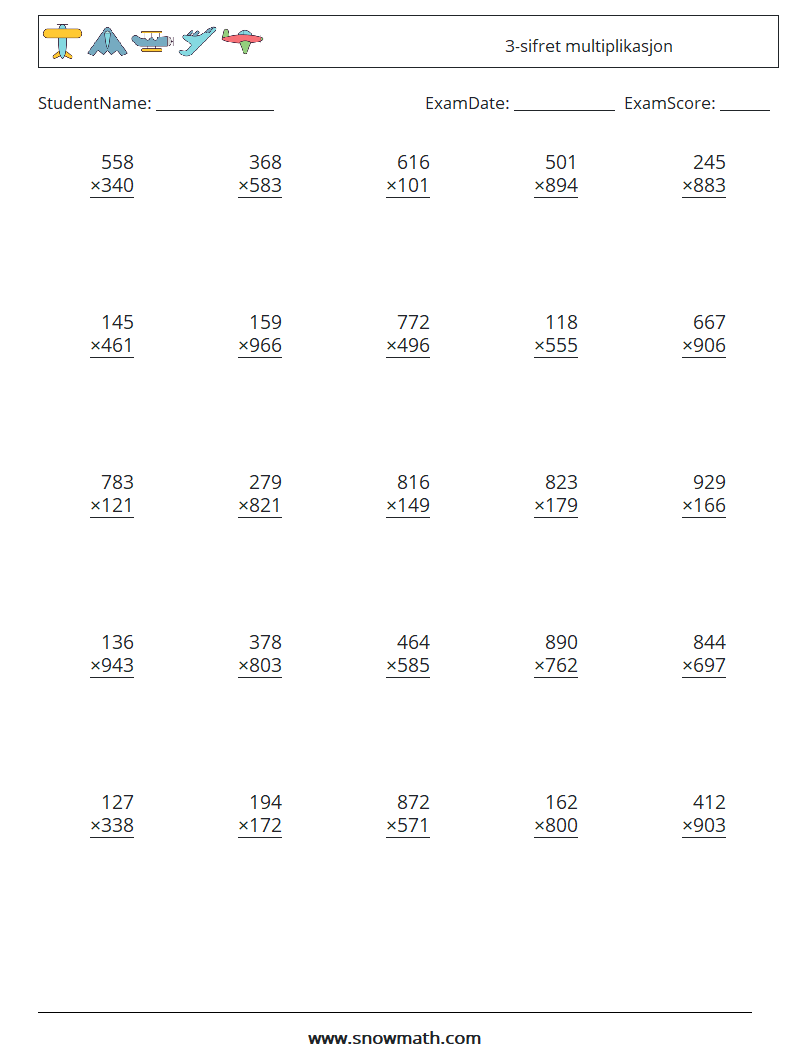 (25) 3-sifret multiplikasjon MathWorksheets 15