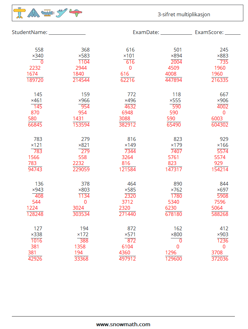 (25) 3-sifret multiplikasjon MathWorksheets 15 QuestionAnswer