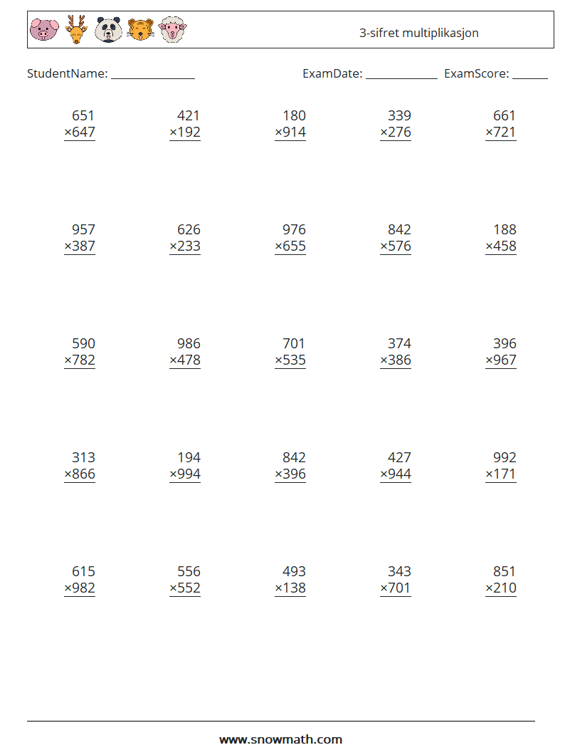 (25) 3-sifret multiplikasjon MathWorksheets 16
