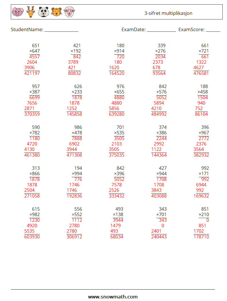 (25) 3-sifret multiplikasjon MathWorksheets 16 QuestionAnswer