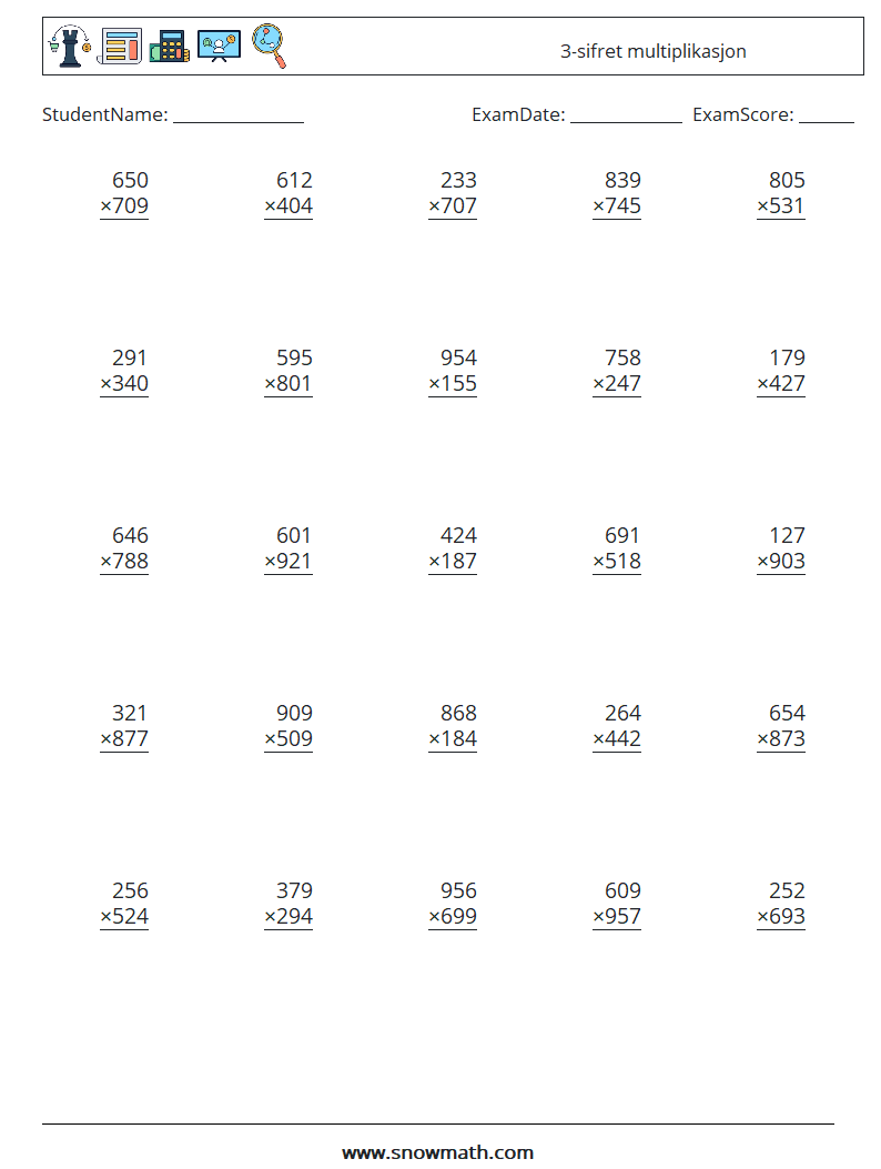 (25) 3-sifret multiplikasjon MathWorksheets 18