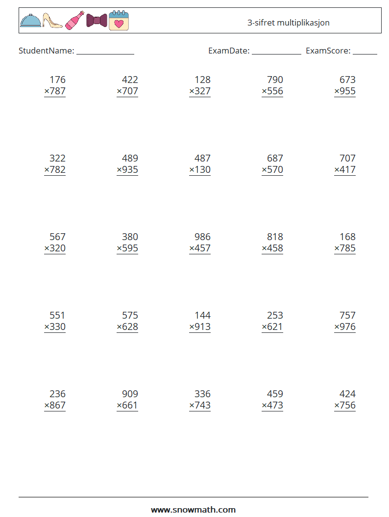 (25) 3-sifret multiplikasjon MathWorksheets 3