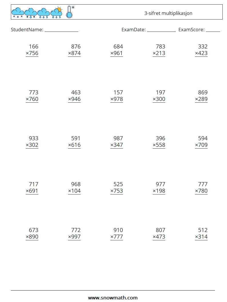 (25) 3-sifret multiplikasjon MathWorksheets 4