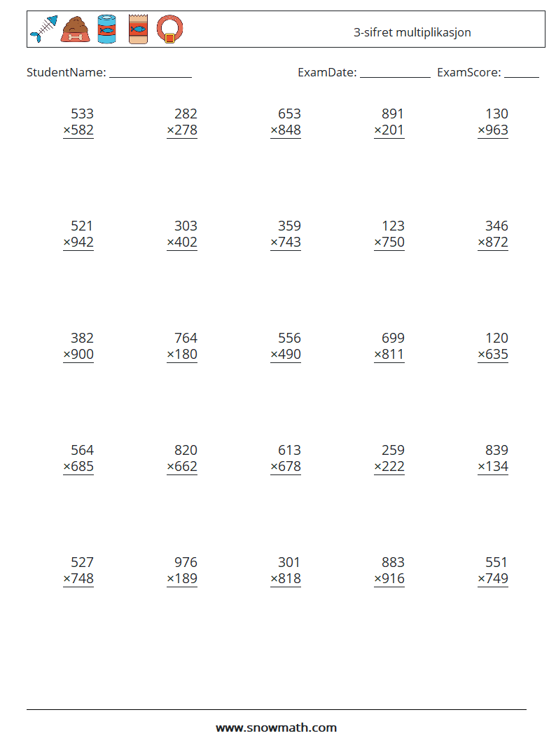 (25) 3-sifret multiplikasjon MathWorksheets 5