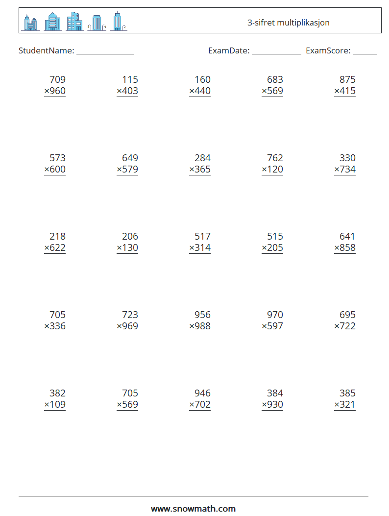 (25) 3-sifret multiplikasjon MathWorksheets 6