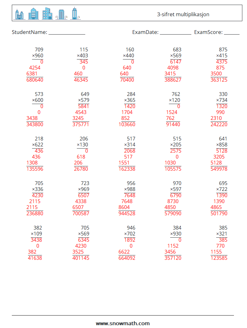 (25) 3-sifret multiplikasjon MathWorksheets 6 QuestionAnswer
