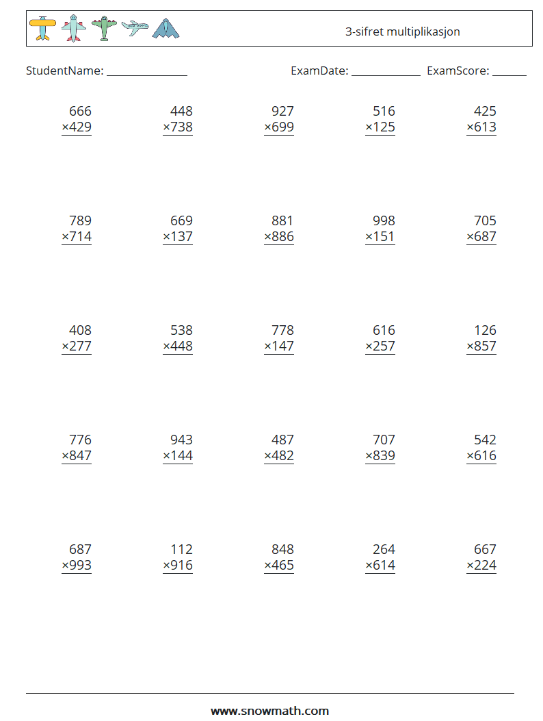 (25) 3-sifret multiplikasjon MathWorksheets 8