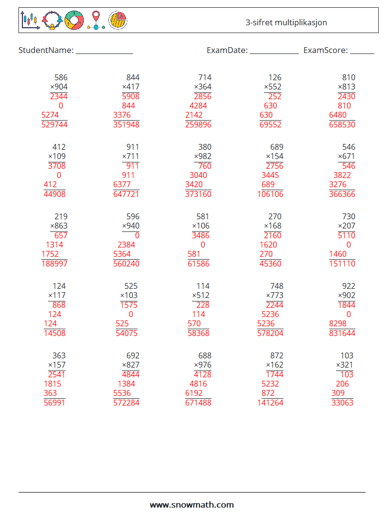 (25) 3-sifret multiplikasjon MathWorksheets 9 QuestionAnswer